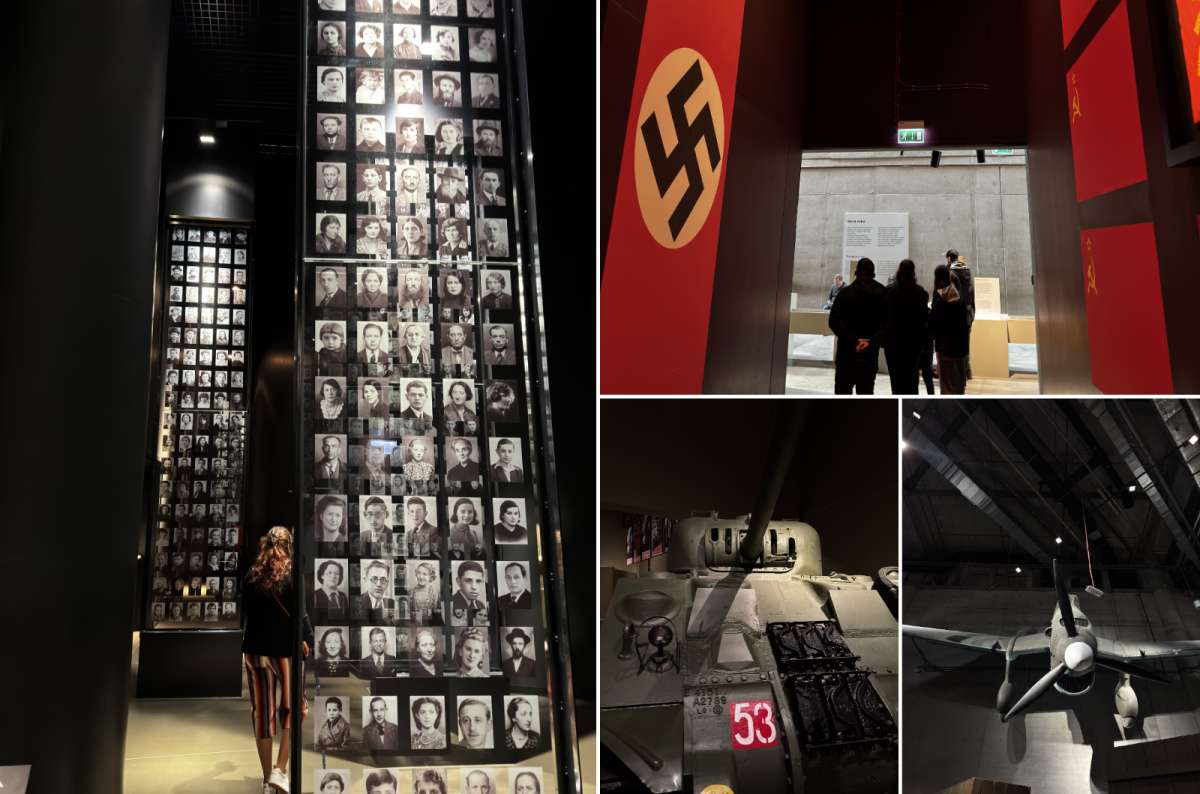 a collage of photos from the Museum of World War II in Gdansk, showing the machinery used during WWII, Poland, photo by Next Level of Travel