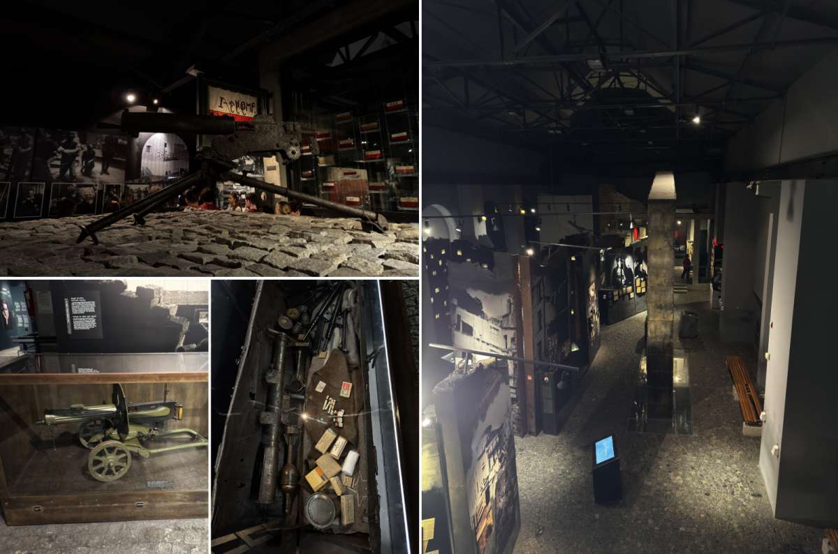a collage of photos from the Warsaw Rising Museum in Warsaw, showing the extensive collection of historical equipment, Poland, photo by Next Level of Travel