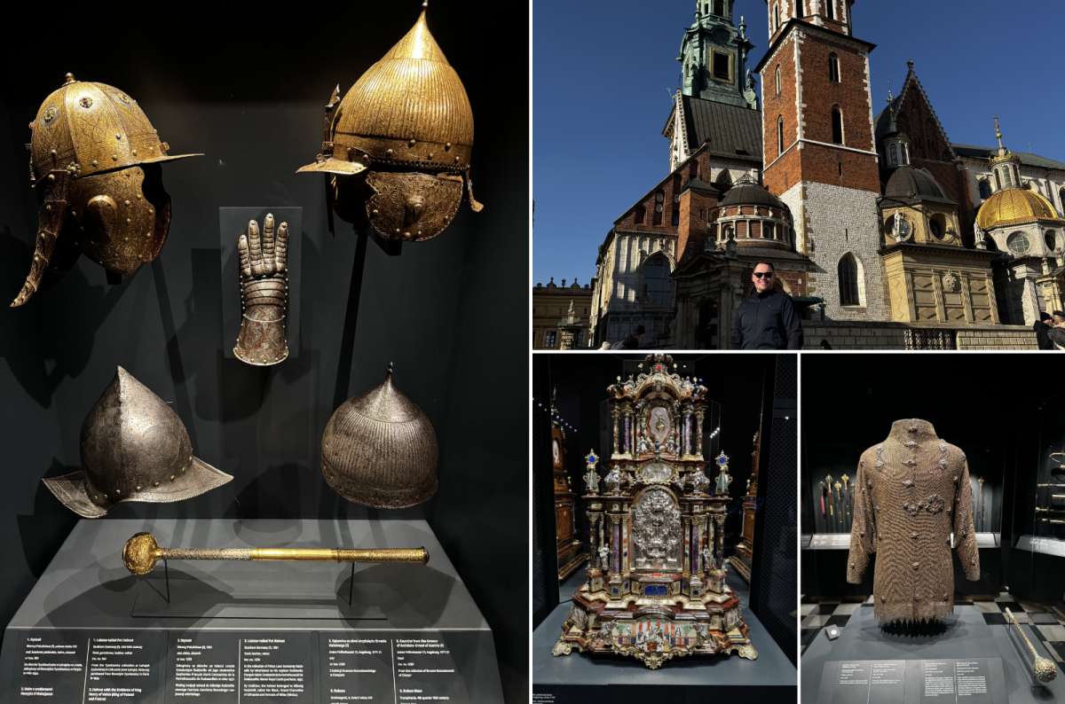 A collage of photos from the Wawel Castle, showing the crown treasury, armory and the outside of the castle, Krakow, Poland, photo by Next Level of Travel