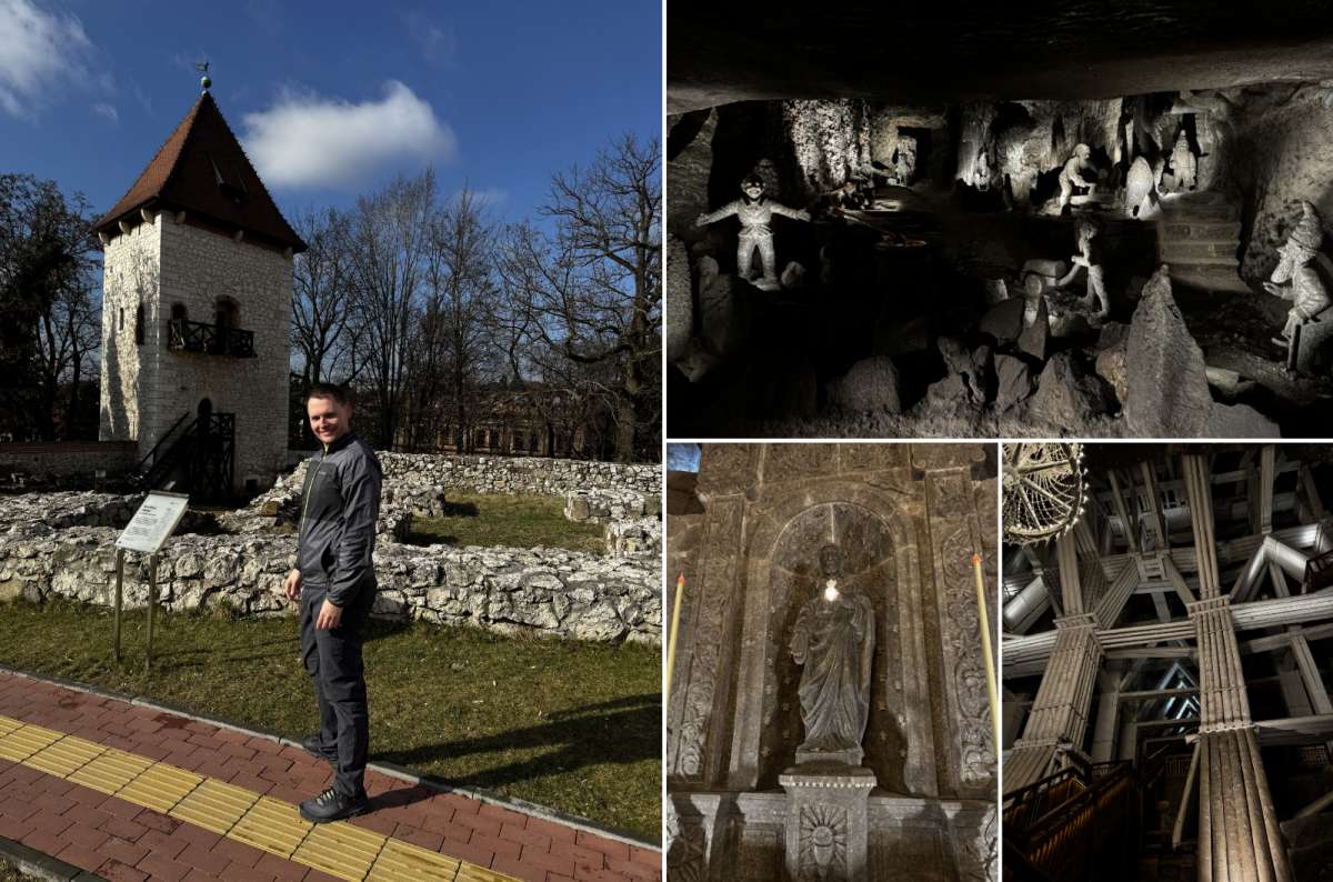a collage of photos from Wieliczka Salt Mine near Krakow, showing the details of the underground exhibition, Poland, photo by Next Level of Travel