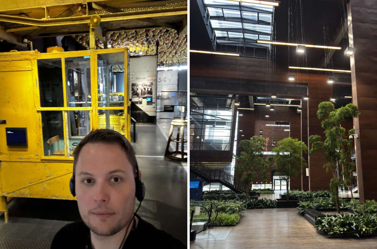 a collage of photos of a tourist posing in the Gdansk Solidarity Center, Poland, photo by Next Level of Travel