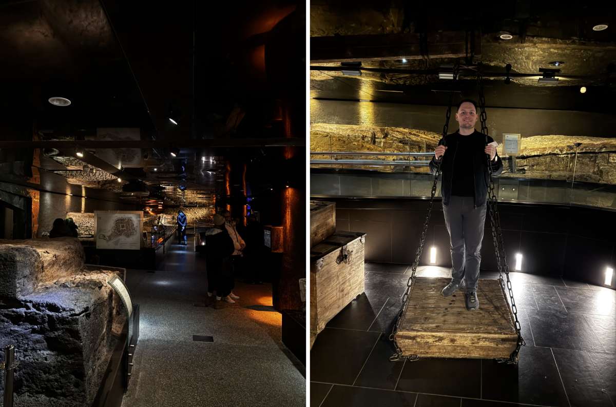 the interior of the Rynek Underground Museum in Krakow, with a tourist posing in front of the exhibitions, Poland, photo by Next Level of Travel