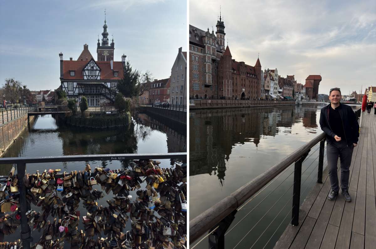  a collage of photos, showing the characteristic architectural style of Gdansk with the river visible in the background, photo by Next Level of Travel