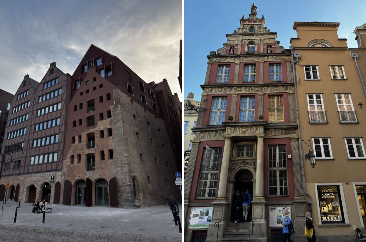 a collage of photos, displaying the houses in Gdansk city center, a mixture of old original building and the restored ones, Poland, photo by Next Level of Travel