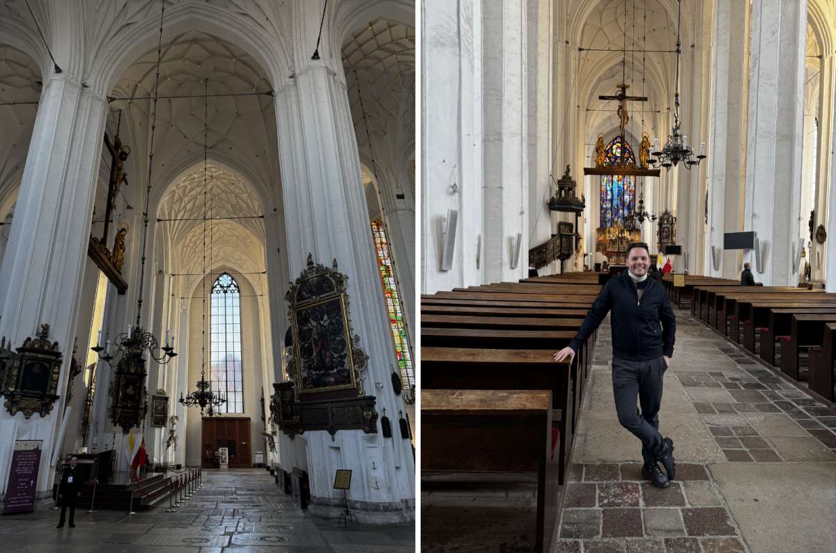 a collage of photos from St. Mary’s Church in Gdansk, with a photo of a tourist leaning on one of the benches, smiling, Poland, photo by Next Level of Travel