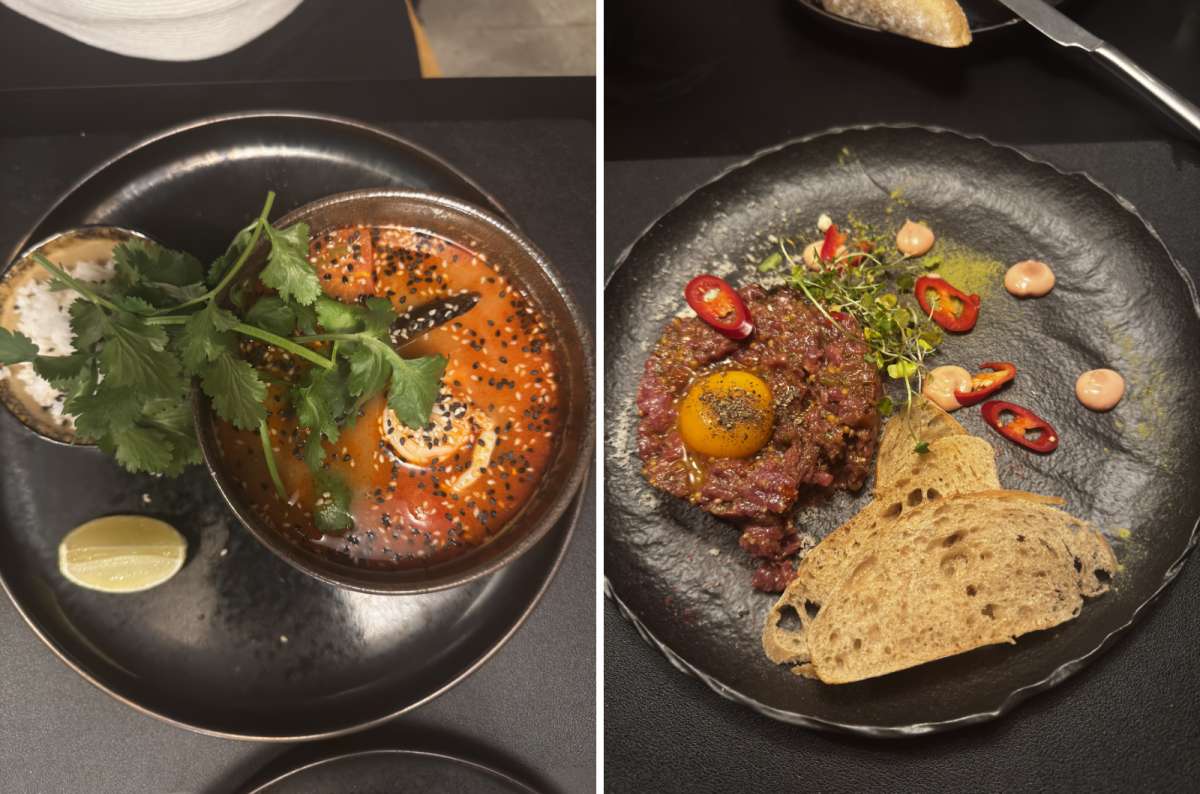 a collage of photos, showing a steak tartare and a spicy Asian soup, Gdansk, Poland, photo by Next Level of Travel
