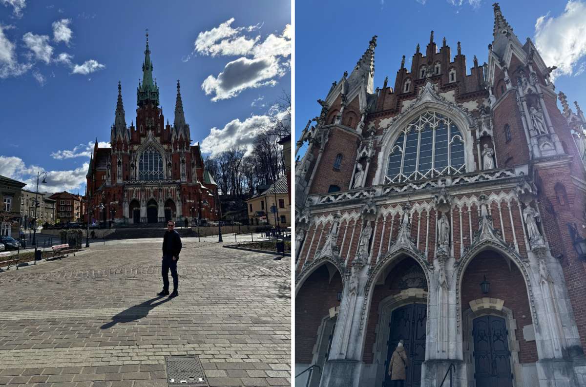a collage of photos from Kazimierz Dolny, showing a beautiful church, a highlight of one of the best cities in Poland, photo by Next Level of Travel