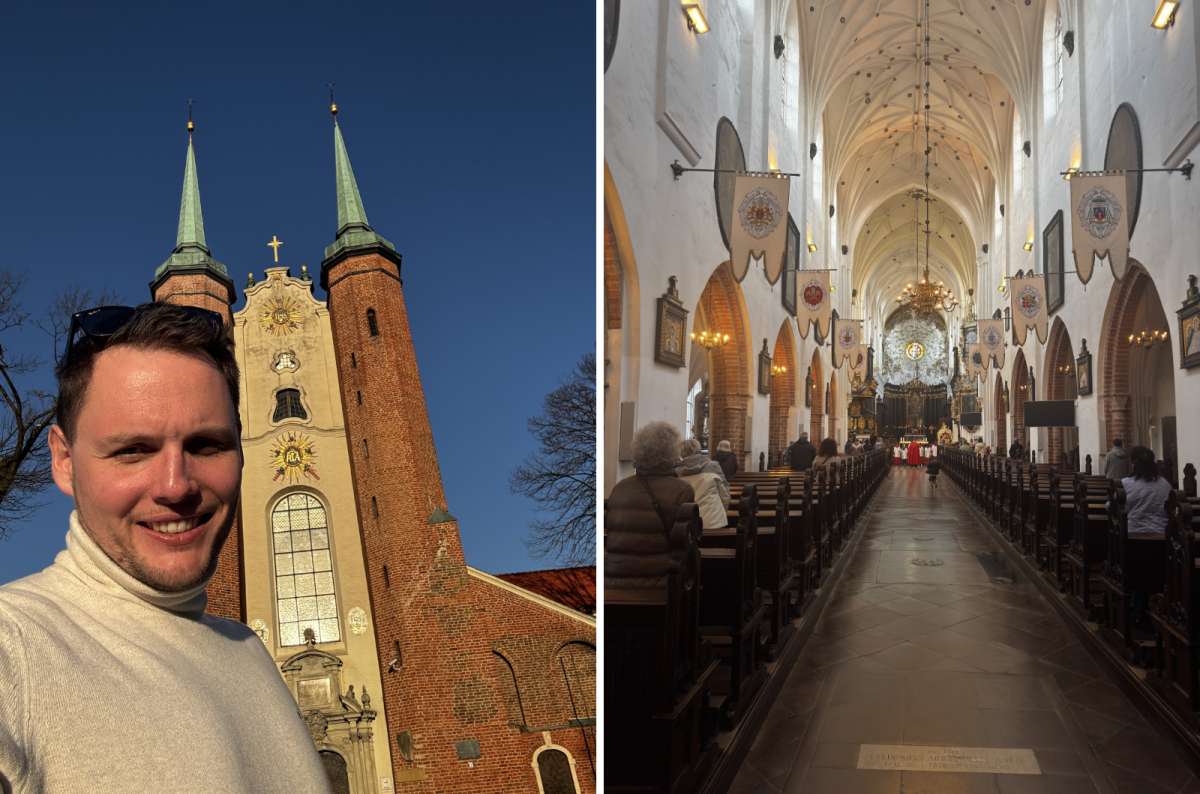 a collage of photos from Sopot, showing a tourist posing in front of a church and also showing the interior, Poland, photo by Next Level of Travel