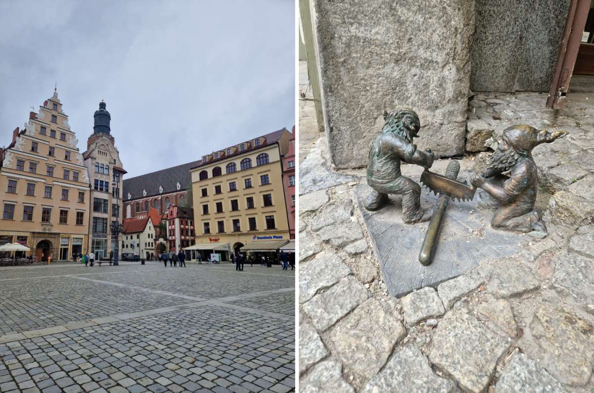 a collage of photos from Wroclaw showing the city square and a little statue of dwarves, Poland, photo by Next Level of Travel