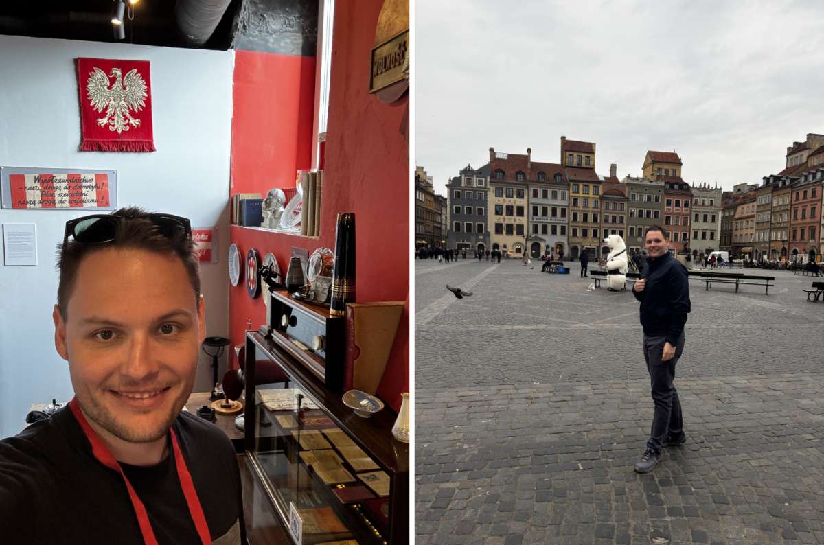a collage of photos of a tourist in Warsaw  with a polar bear mascot in the background and a photo of a tourist posing in a museum in Warsaw, Poland, photo by Next Level of Travel