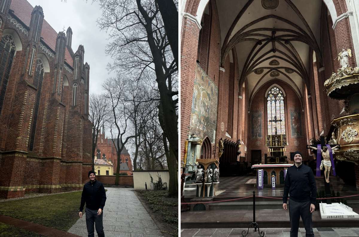 a collage of photos of a tourist posing in front of a church and a photo from the inside, Torun, Poland, photo by Next Level of Travel