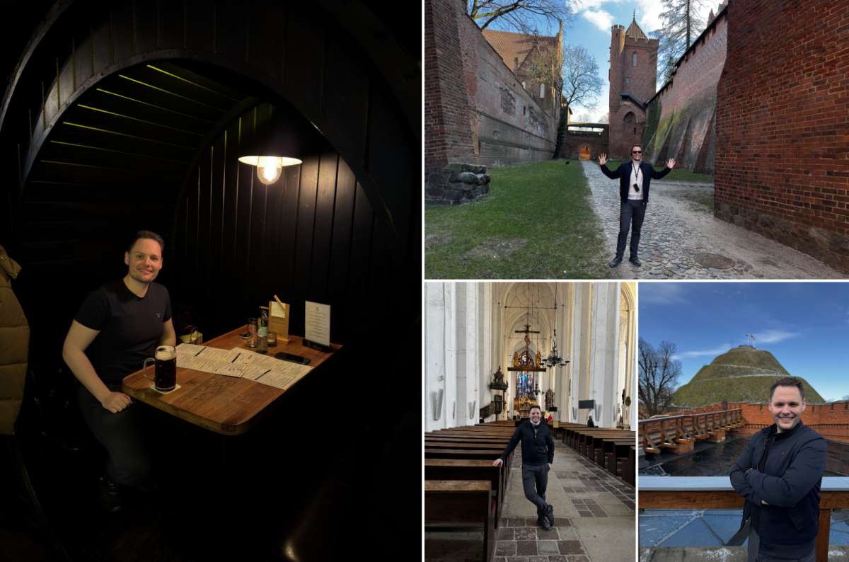 a collage of photos of a tourist visiting the best towns in Poland mentioned in the article, Next Level of Travel