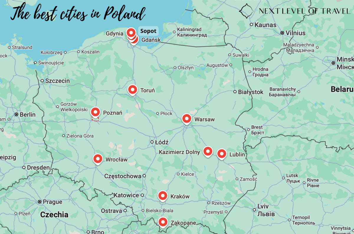 a map of all the best cities in Poland mentioned in the article, photo by Next Level of Travel
