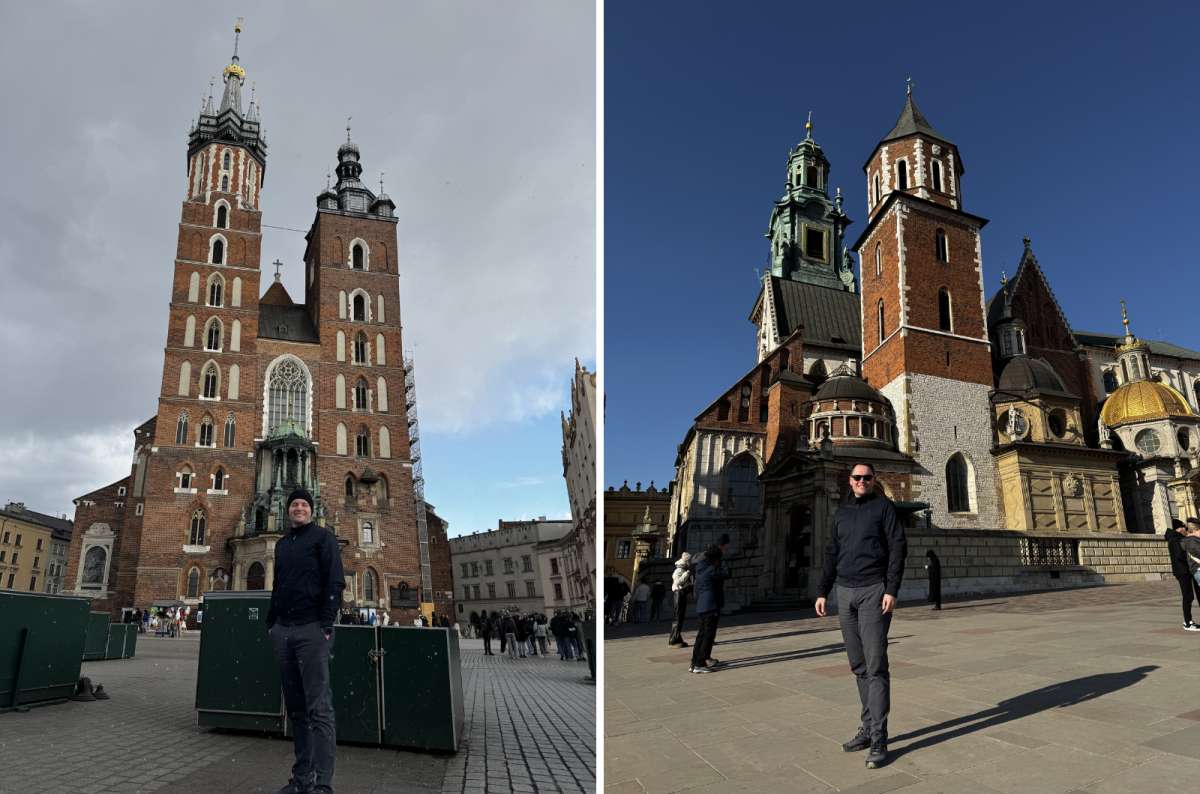 a photo of a tourist posing in front of buildings in the Krakow city center, Poland, photo by Next Level of Travel