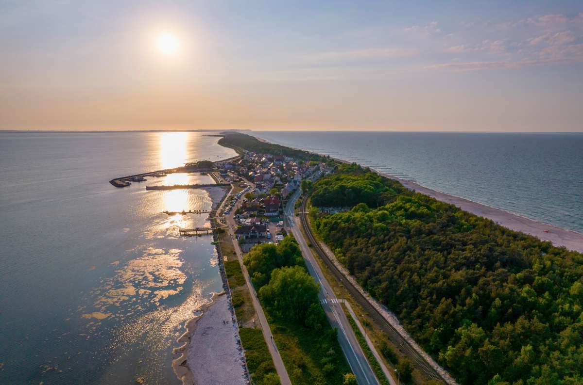 Aerial view of Hel Peninsula surrounded by the Baltic Sea and Puck Bay, Poland