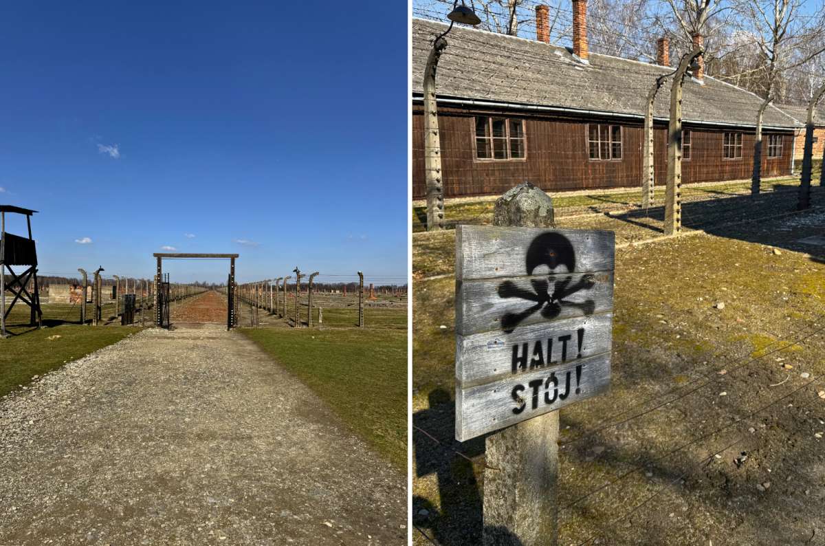 Auschwitz-Birkenau concentration camp entrance, barracks, and warning sign, Poland, photo by Next Level of Travel
