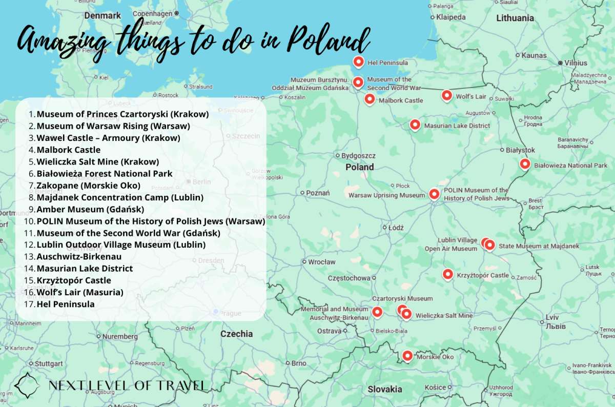 Map of Poland with highlighted top attractions, showing best things to do in Poland, created by Next Level of Travel