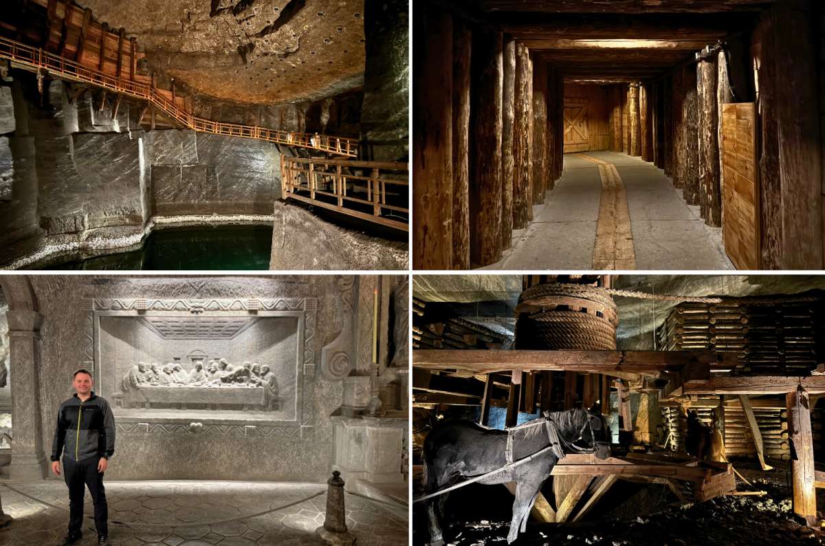 Underground chapel carved from salt at Wieliczka Salt Mine, Krakow, Poland, with salt lake, wooden tunnels, and horse-powered mining mechanism, photo by Next Level of Travel