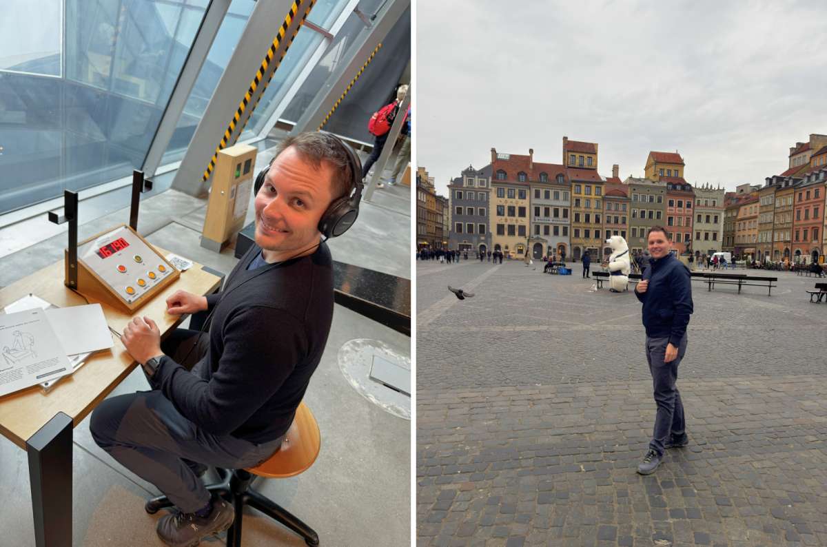 Visitor interacting with the exhibit and Old Town Square in Warsaw, Poland, photo by Next Level of Travel
