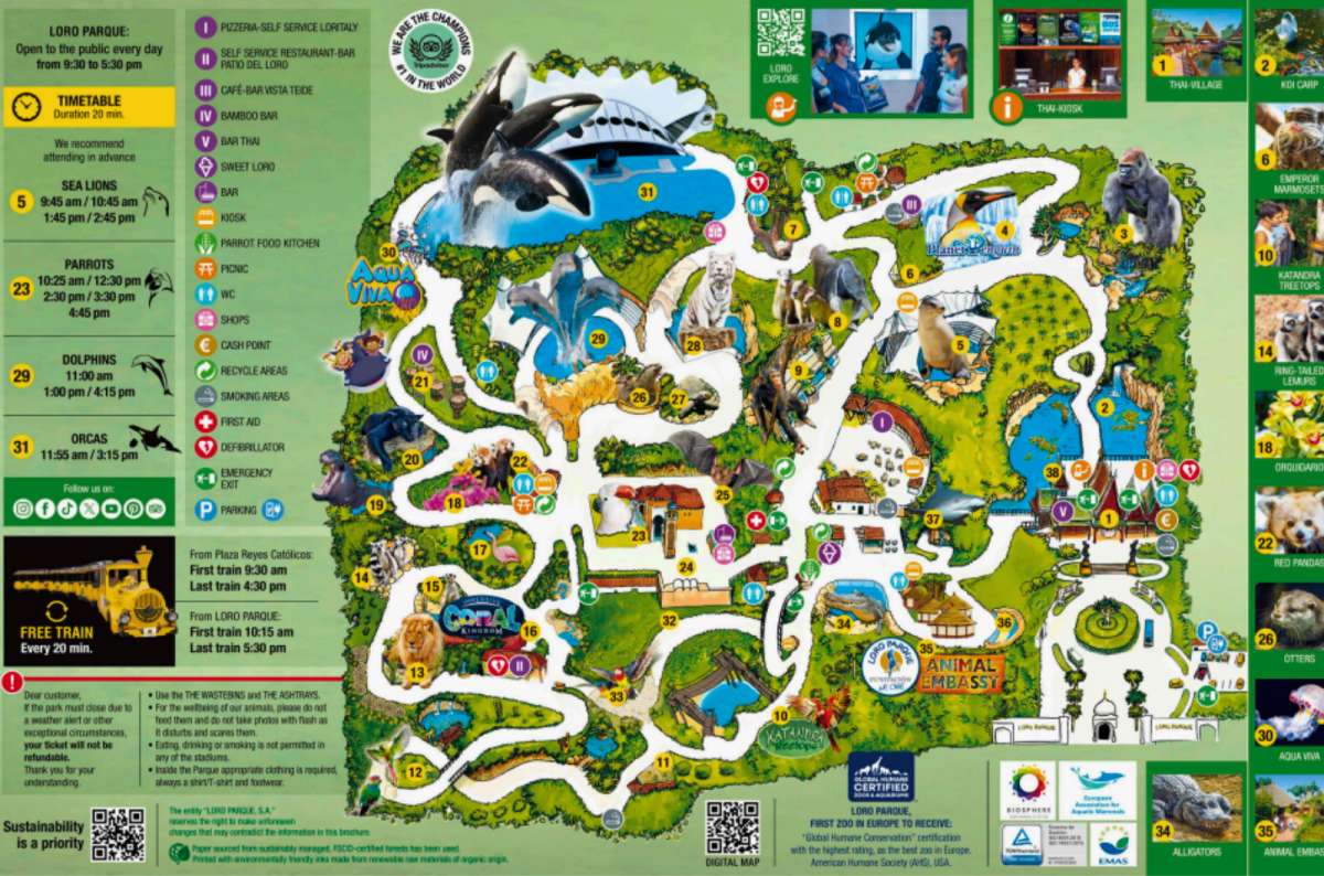 Illustrated map of Loro Parque zoo in Puerto de la Cruz, Tenerife, Spain, showing animal exhibits, walking paths, and show areas