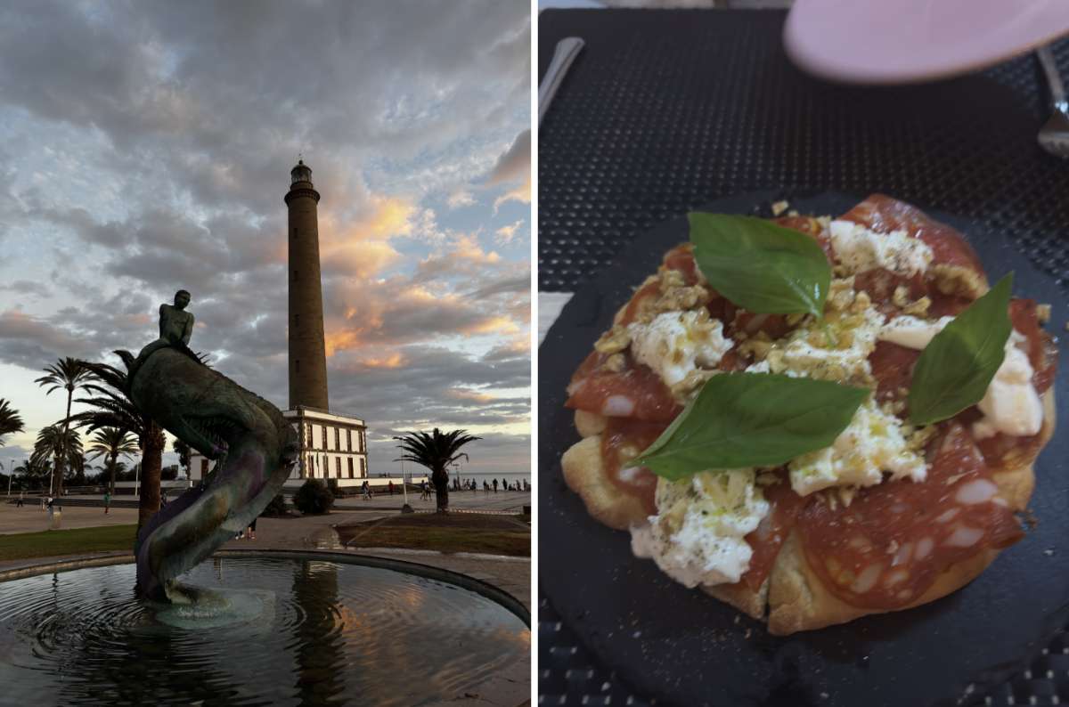 a collage of photos from Maspalomas showing a beautiful sculpture with a lighthouse in the background and a photo of a tasty meal, Canary Islands, photo by Next Level of Trave