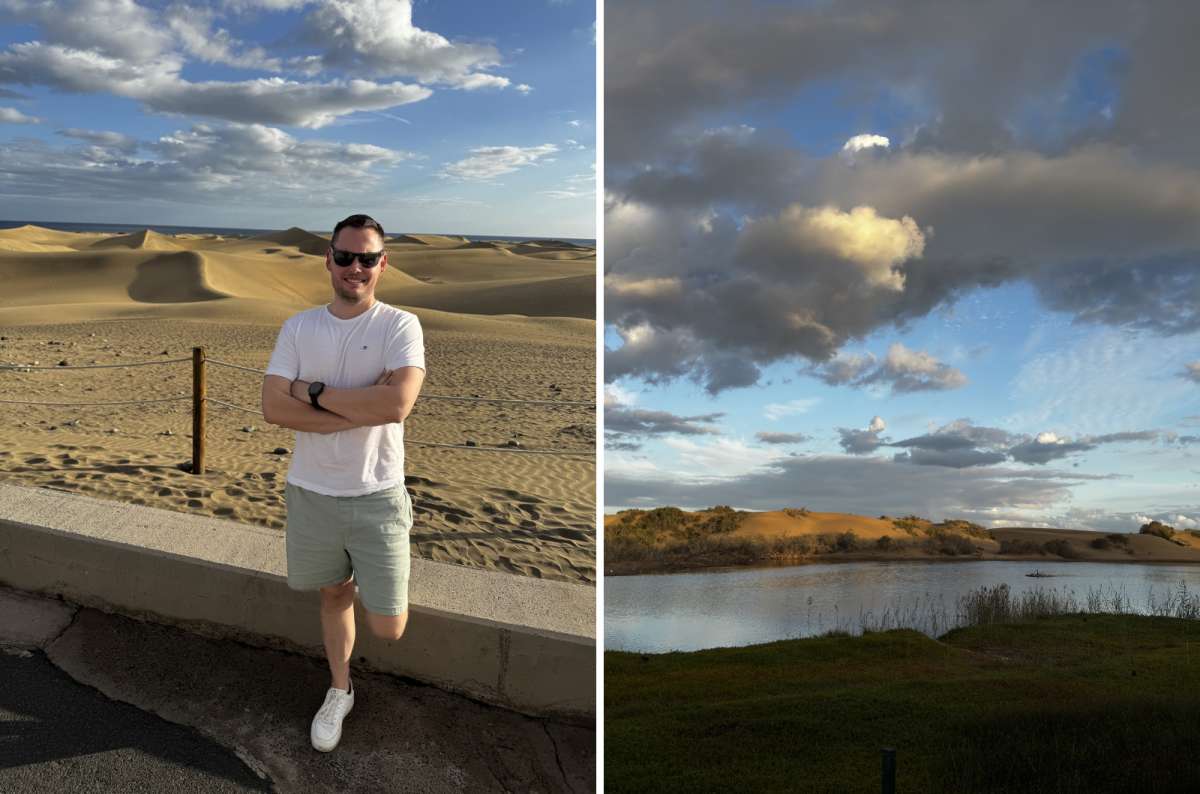 a collage of photos from Maspalomas with a tourist posing in front of the dunes and a photo of the pond, Canary Islands, photo by Next Level of Travel