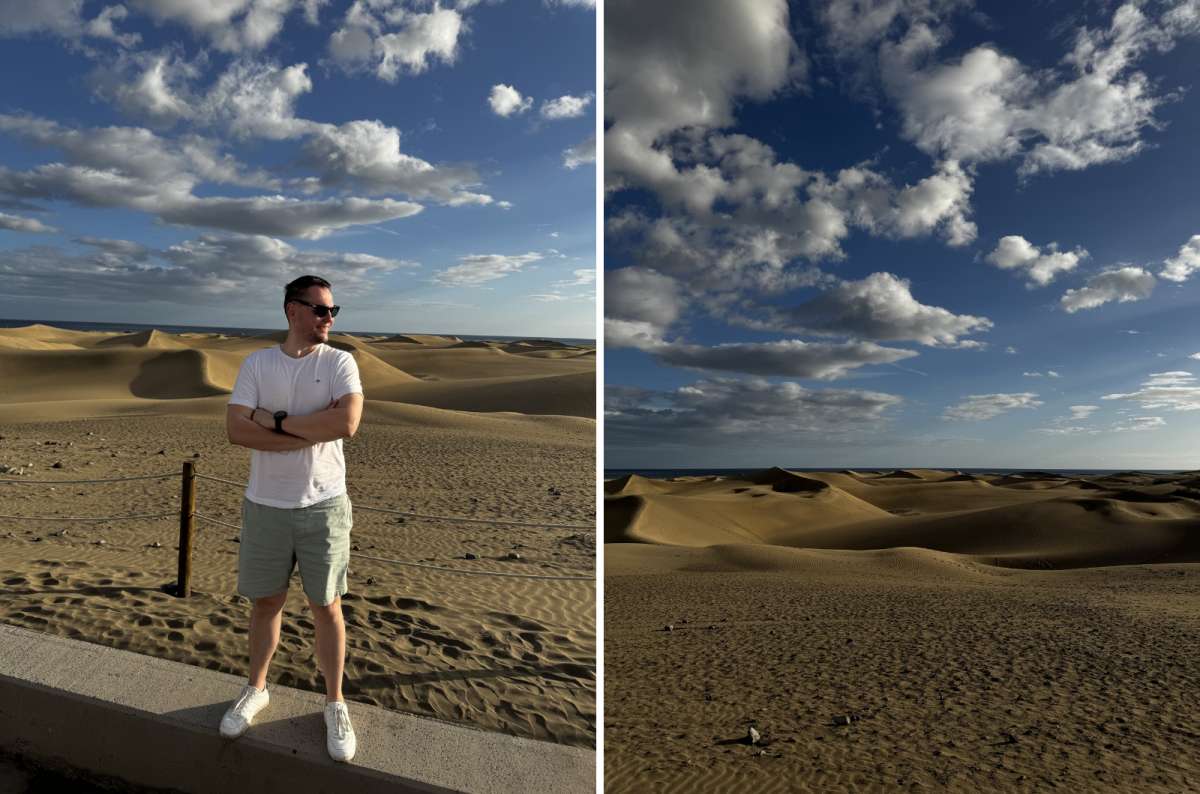 a collage of photos from the Maspalomas Dunes depicting the beautiful scenery with a tourist posing in one of the photos, Canary Islands, photo by Next Level of Travel