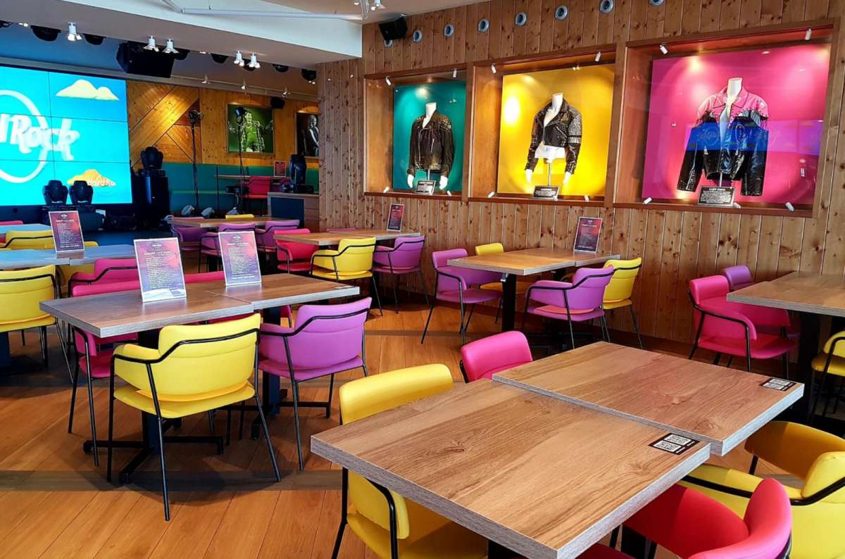 a photo from the Hard Rock Café in Maspalomas depicting the colorful interior and the rock-themed decorations, Canary Islands