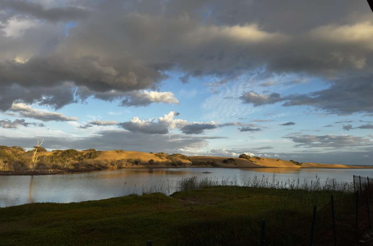 a photo of the Maspalomas pond with the sand dunes visible in the background, Canary Islands, photo by Next Level of Travel