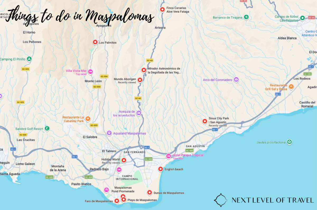 Map of Maspalomas, Gran Canaria, Spain showing main attractions and things to do in Maspalomas including dunes, beaches, and viewpoints, created by Next Level of Travel