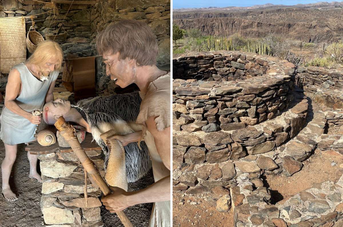 photos from Mundo Aborigen with the replicas of past inhabitants and their gadgets, Canary Islands