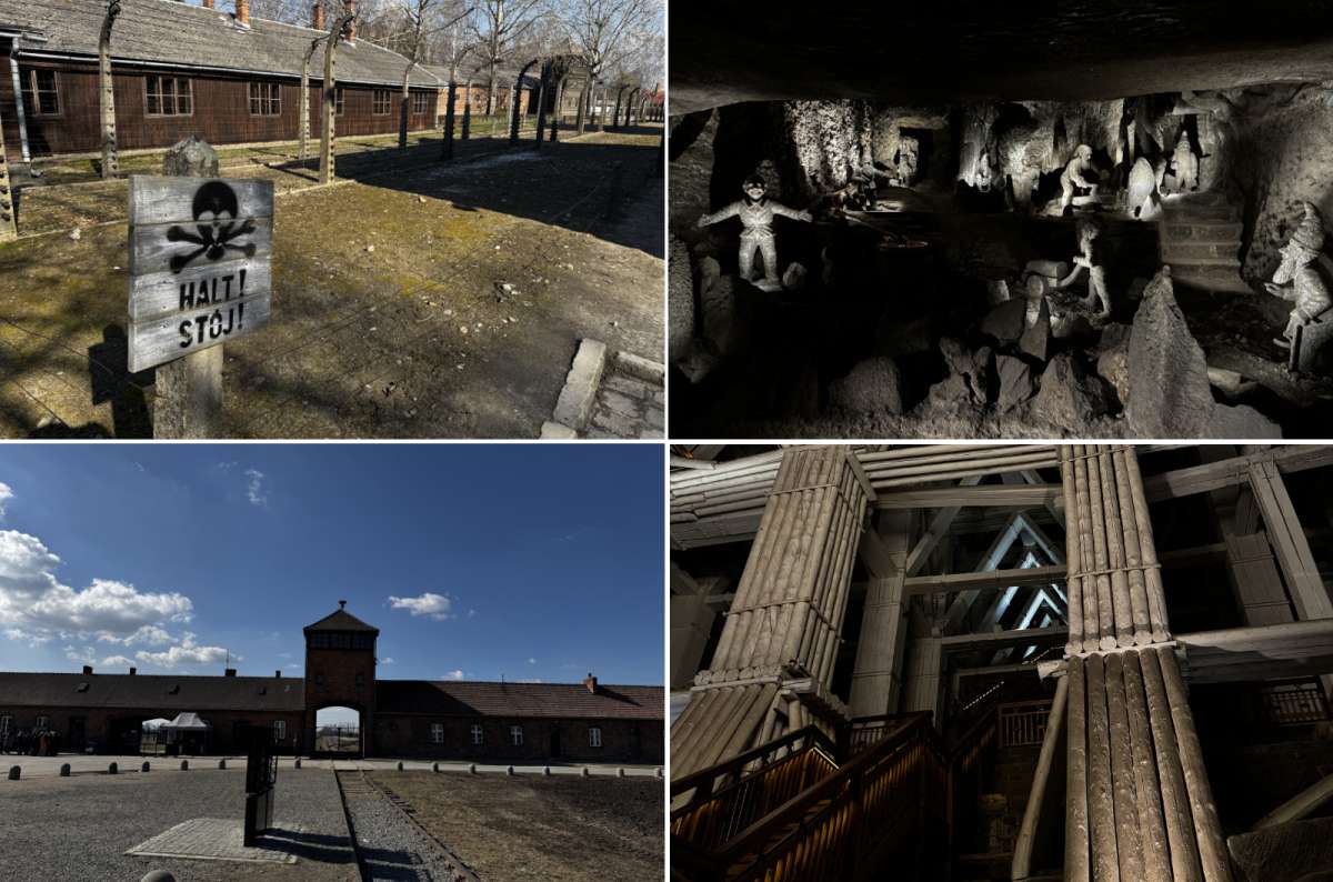  a collage of photos from Auschwitz and Wieliczska Salt Mine showing the interior and exterior of these stops on the Poland travel itinerary, photo by Next Level of Travel