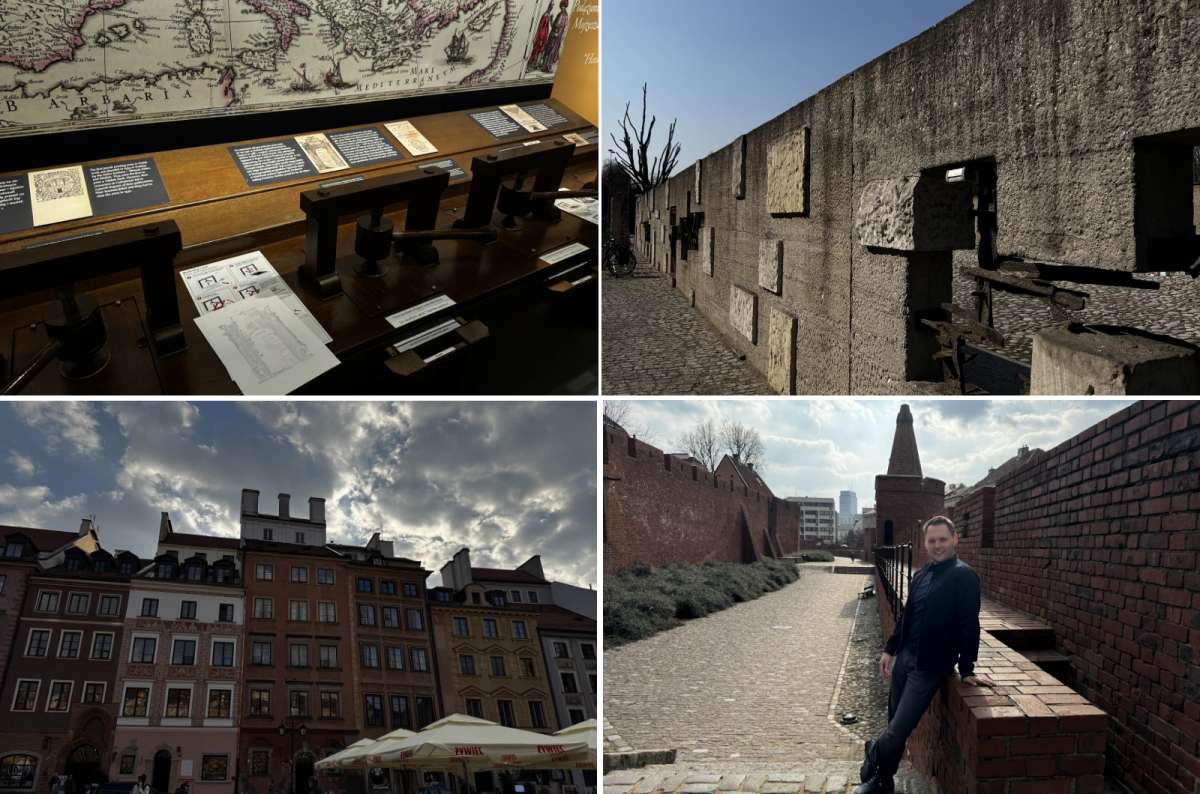 a collage of photos from all the stops planned for day 8 of the Poland travel itinerary, Warsaw, photo by Next Level of Travel