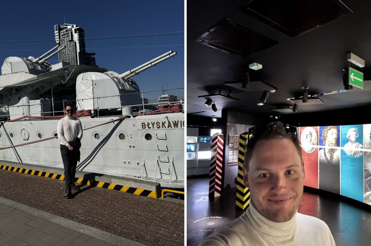 a collage of photos from Gdynia with a tourist posing inside the emigration museum and in front of a ship, Poland, photo by Next Level of Travel