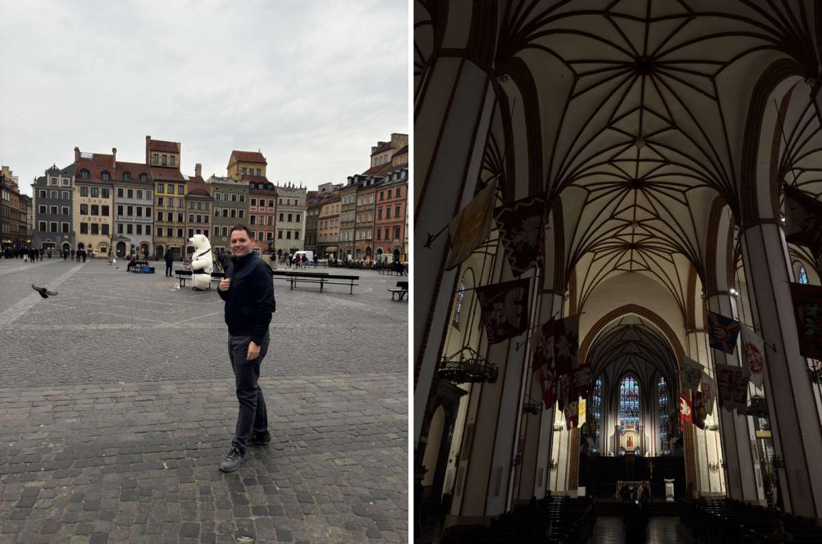 a collage of photos from the old market square and St. John’s Cathedral, Warsaw, Poland, photo by Next Level of Travel