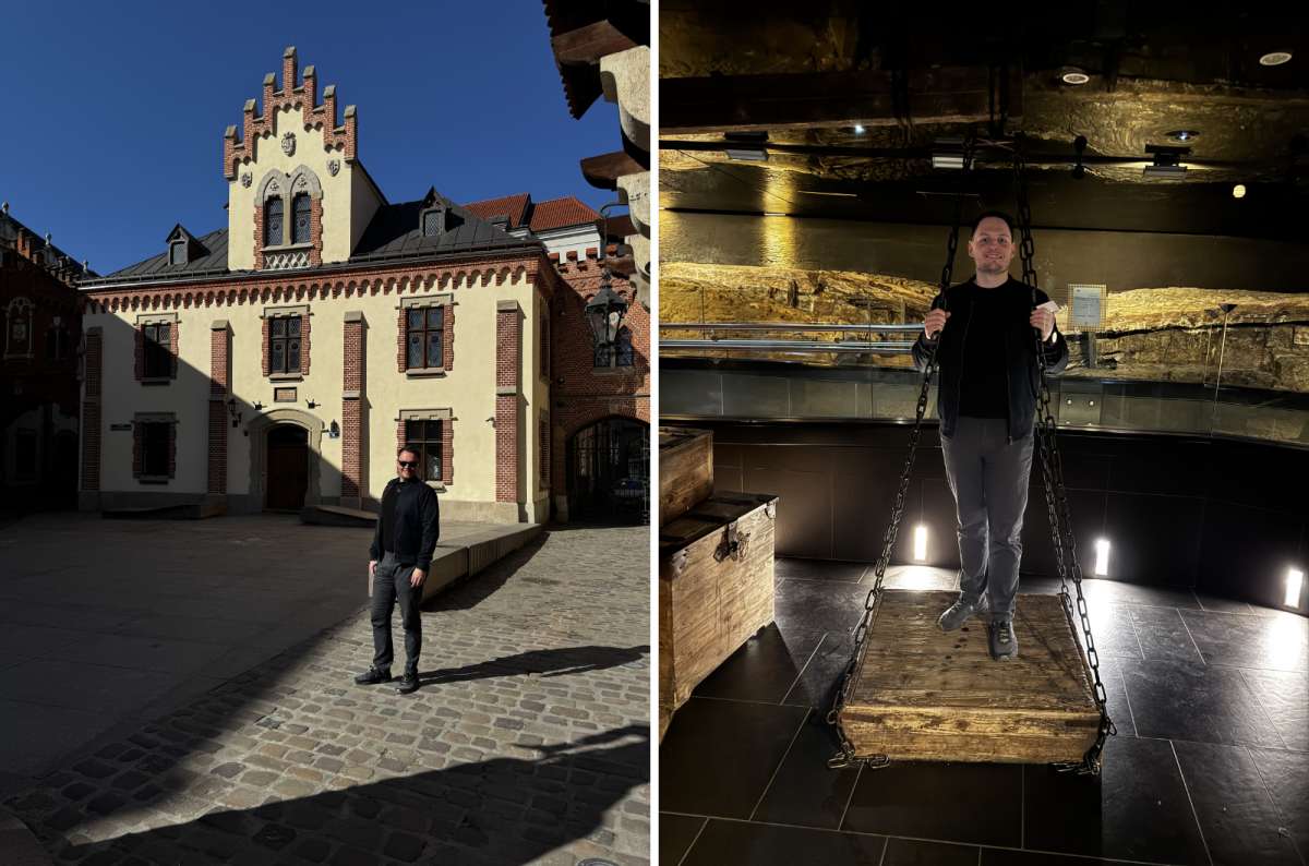 a collage of photos from the outside of the Jagello University and inside the Rynek Underground Museum, Krakow, Poland, photo by Next Level of Travel