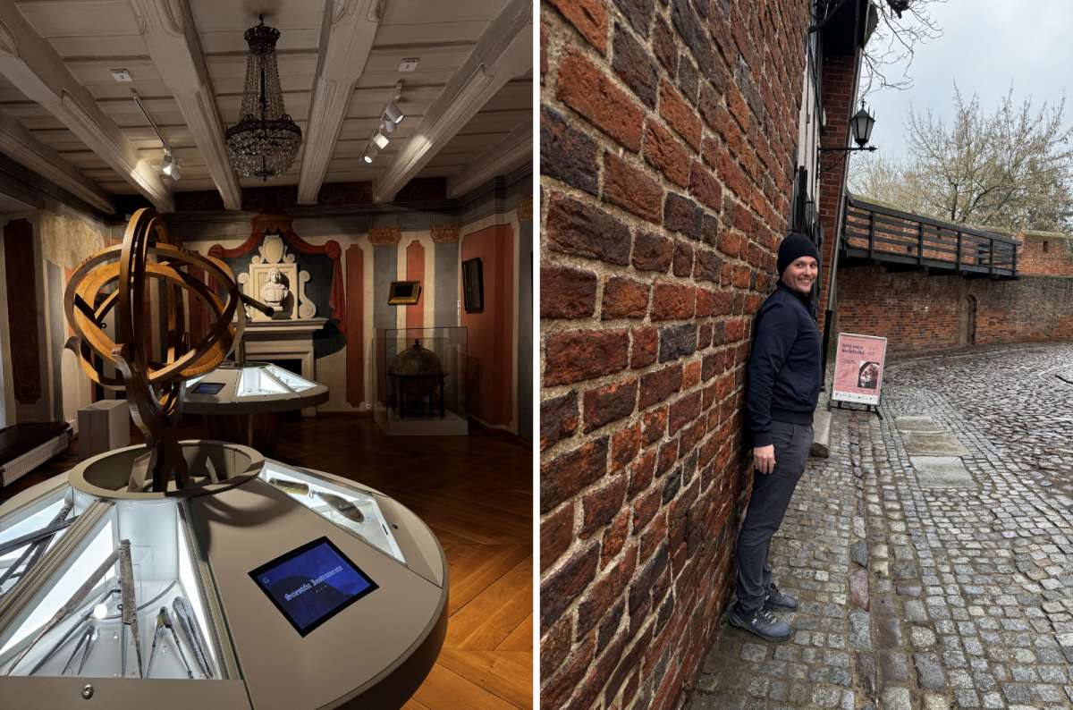 a collage of photos from Torun, showing the inside of Nicolaus Copernicus’ house and the leaning tower of Torun, Poland, photo by Next Level of Travel