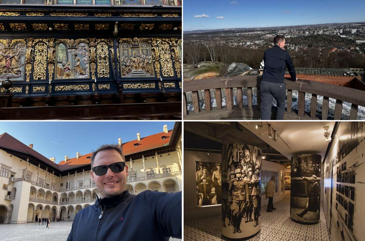 a collage of photos highlighting the stops on the first day of the 2-week Poland itinerary, Krakow, photo by Next Level of Travel