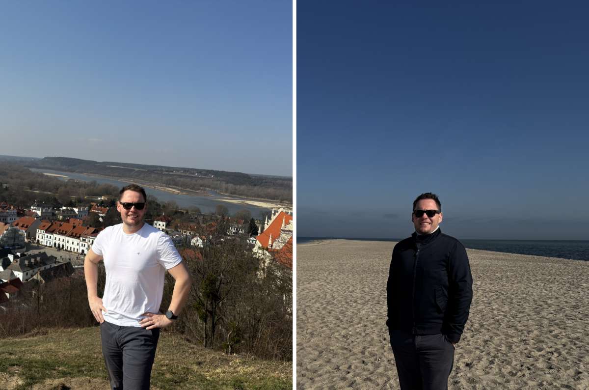 a collage of photos of a tourist posing in different locations in Poland showing the duality of the weather, Sandomierz, Sopoty, Poland, photo by Next Level of Travel