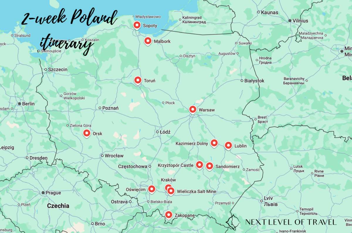 a map showing all of the locations mentioned in this Poland travel itinerary, photo by Next Level of Travel
