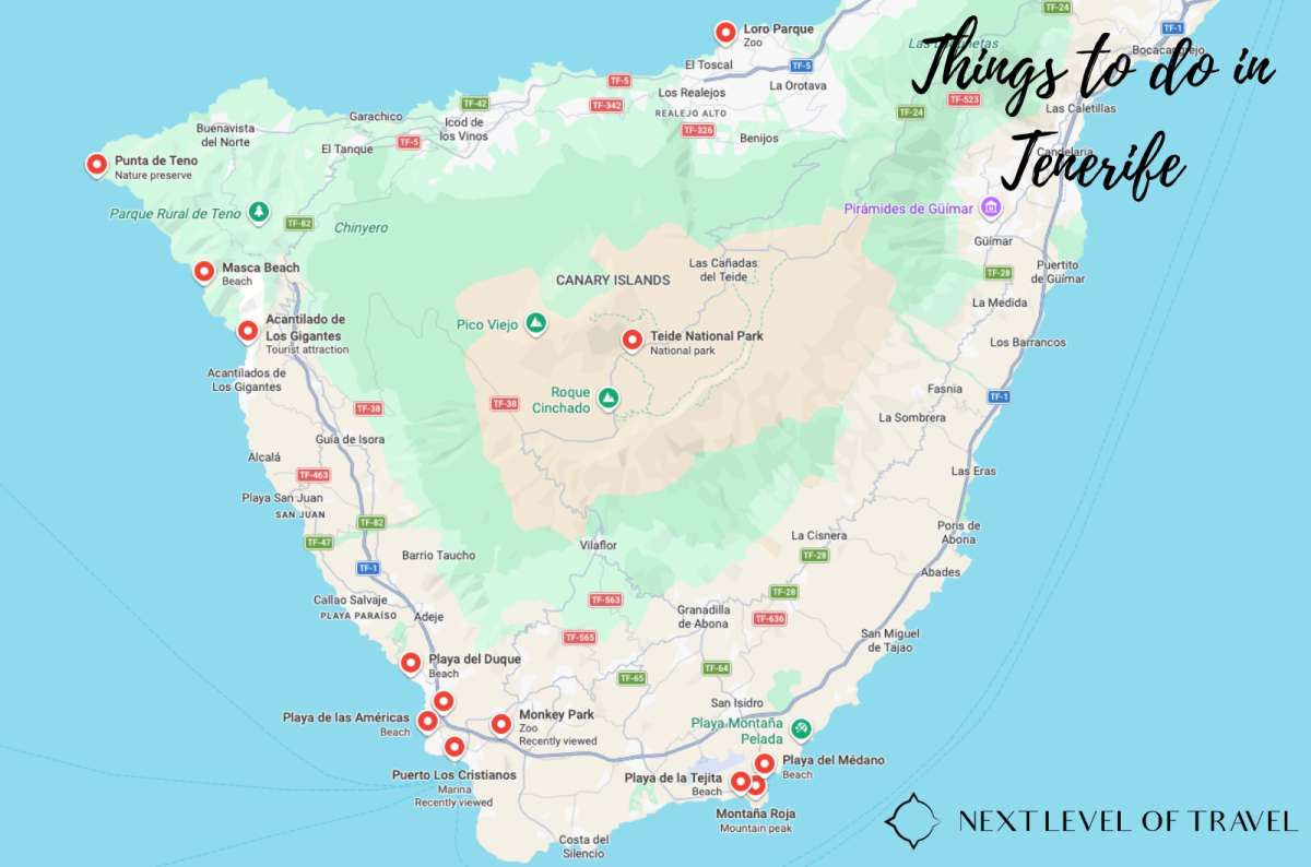 a photo of a map showing all the best things to do in Tenerife, Canary Islands, photo by Next Level of Travel