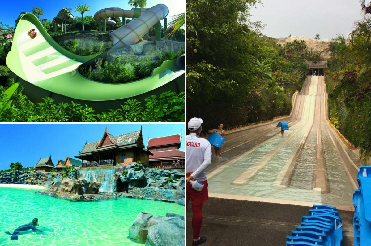 Water slides and attractions at Siam Park in Costa Adeje, Tenerife, Spain 