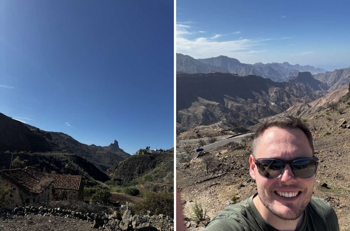 A collage of photos from Roque Bentayga showing the view from up above and a tourist posing on top of the mountain, Gran Canaria, Canary Islands, photo by Next Level of Travel