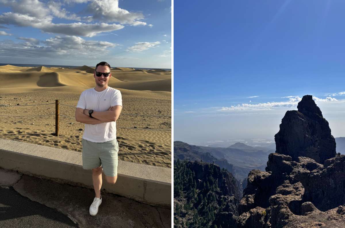 a collage of photos of a tourist posing in the dunes of maspalomas and a photo from the top of pico de las nieves, Canary Islands, photo by Next Level of Travel
