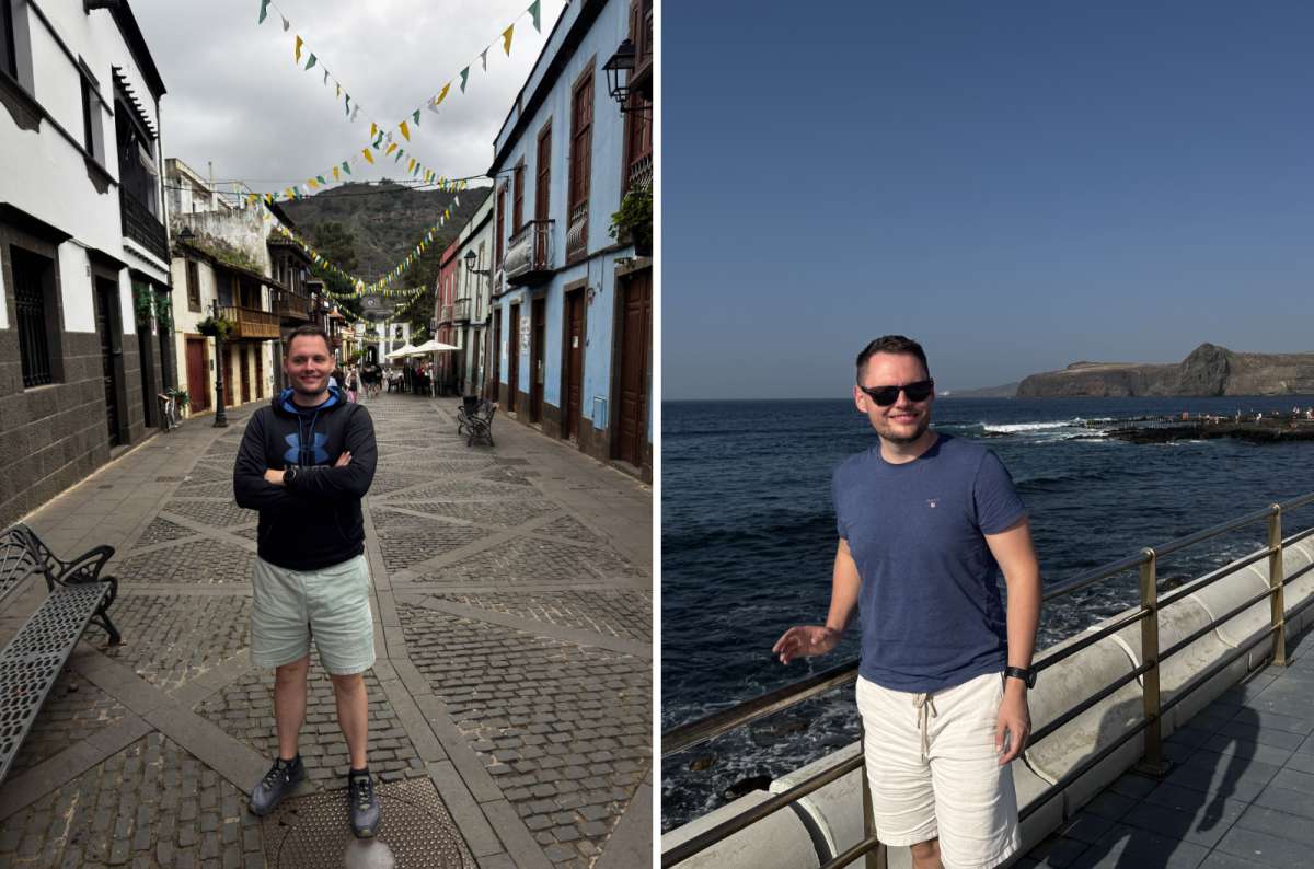 a collage of photos of a tourist posing in the town of Teror near Guayadeque and in front of the Agaete Piscina Natural, Canary Islands, photo by Next Level of Travel