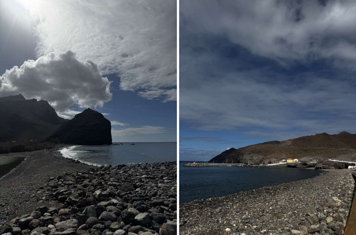 a collage of photos of Playa de la Aldea, showing the rocky beach and deep blue waters, Gran Canaria, Canary Islands, photo by Next Level of Travel