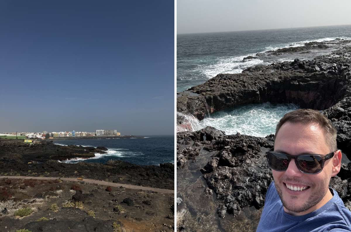 a collage of photos showing El Bufadero from afar and a selfie of a tourist posing right next to El Bufadero, Gran Canaria, Canary Islands, photo by Next Level of Travel