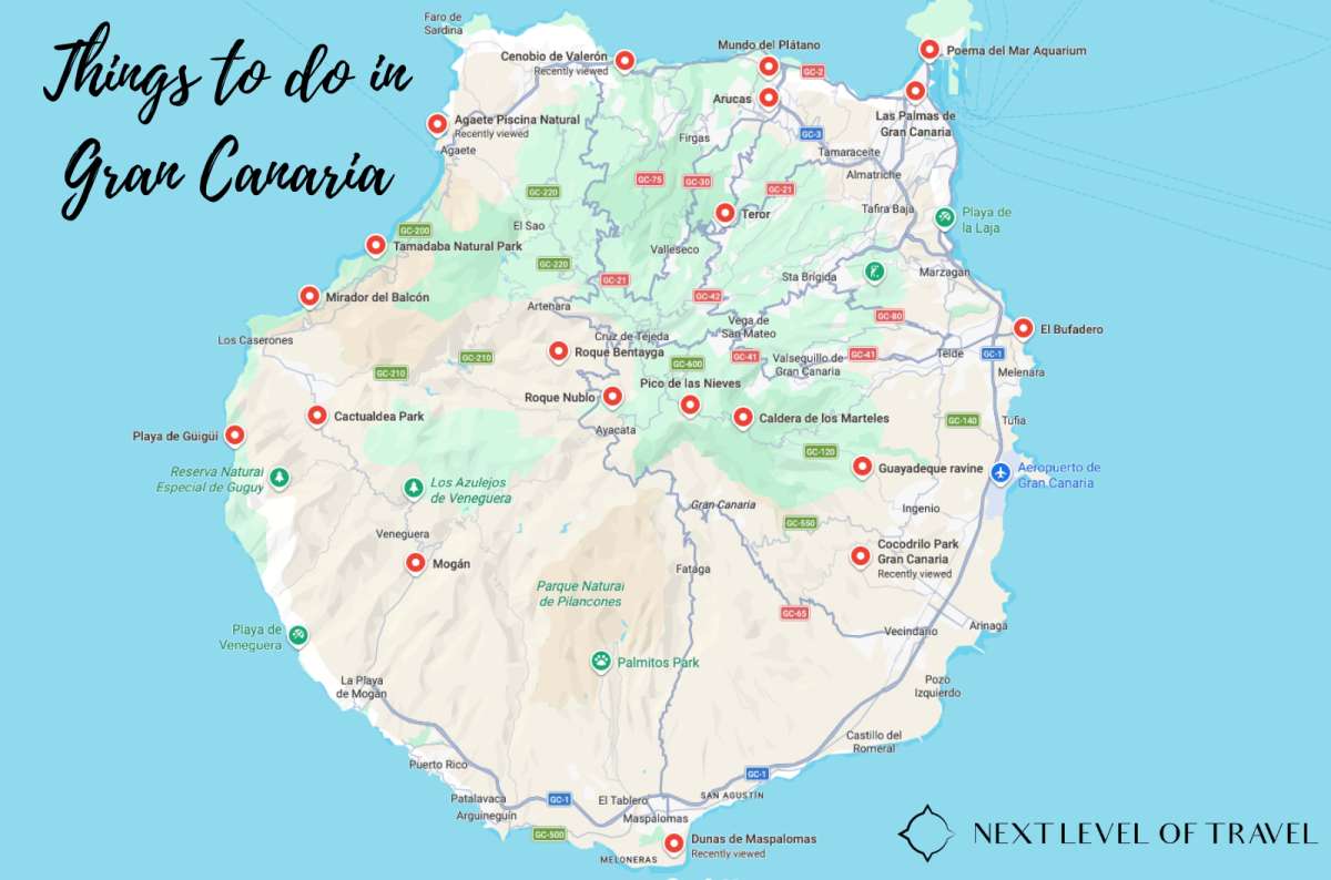 a map pointing out all the locations in this Gran Canaria itinerary, Canary Islands, photo by Next Level of Travel