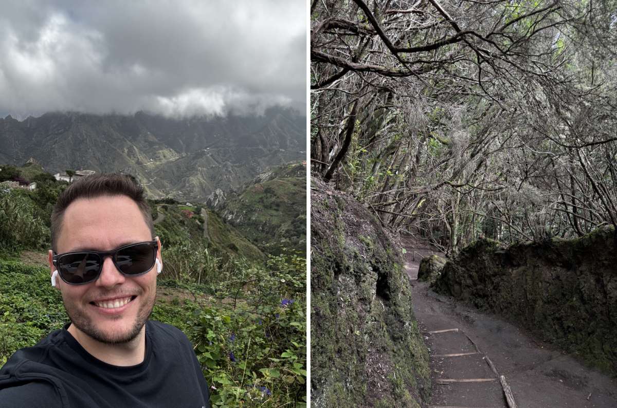 a collage of photos from Anaga Rural park, showing a tourist posing in front of the mountain peaks covered in clouds and natural wonders in Tenerife, Canary Islands, photo by Next Level of Travel
