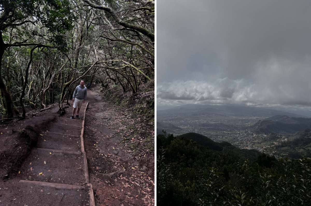 a collage of photos from Sendero de los Sentidos, showing a tourist posing on the trail and a photo of the beautiful view from up above, Canary Islands, photo by Next Level of Travel